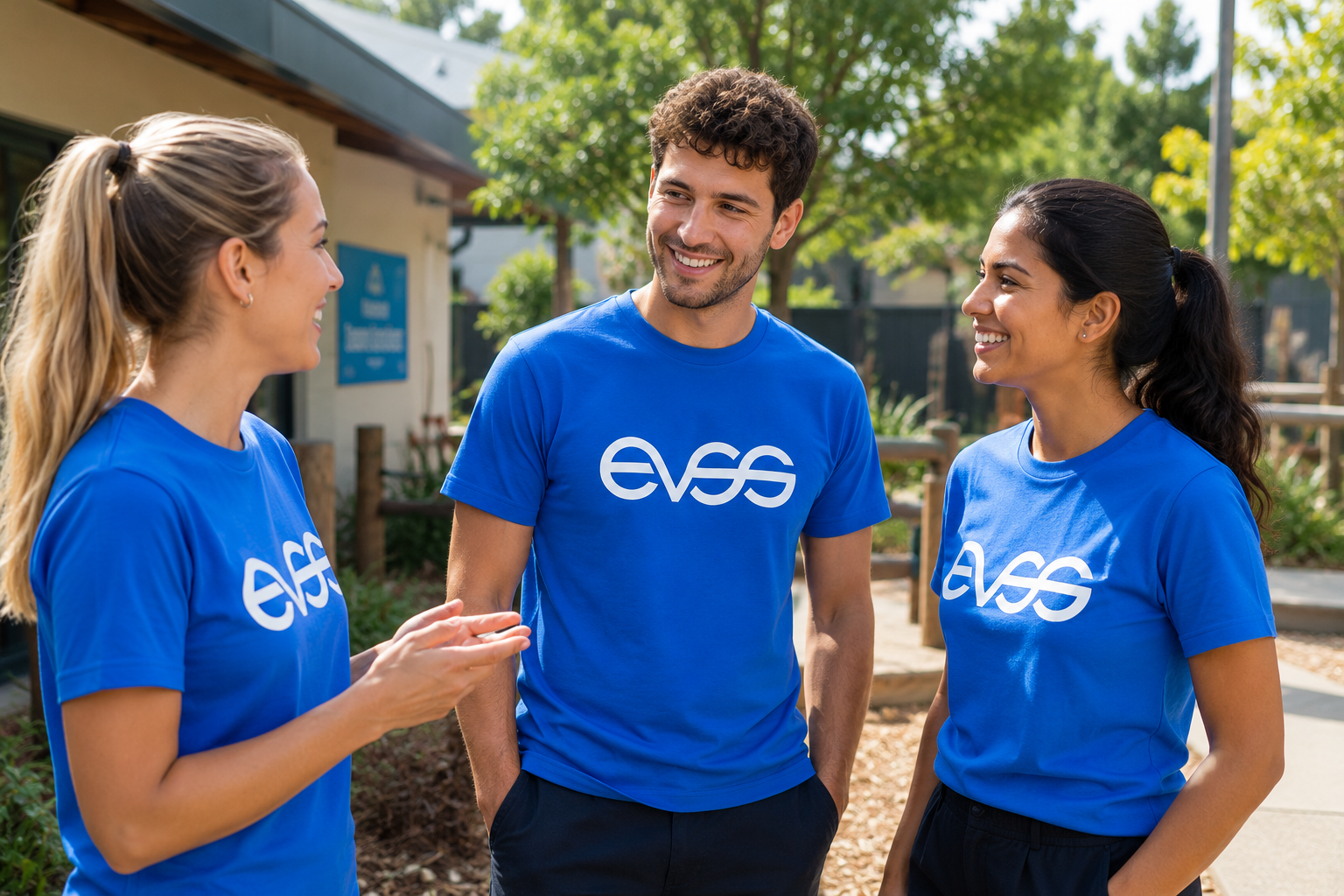 Diverse group of EVSS allied health practitioners standing together in a light-filled office.