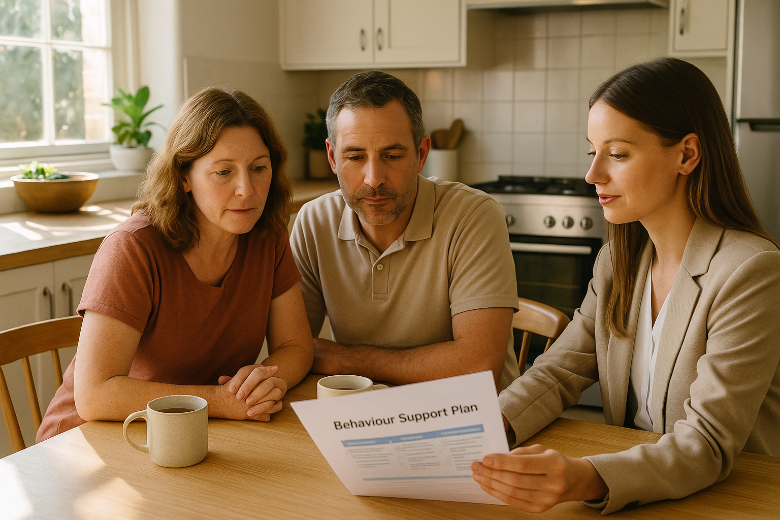 EVSS practitioner sitting with two parents at a kitchen table reviewing a behaviour support plan together.