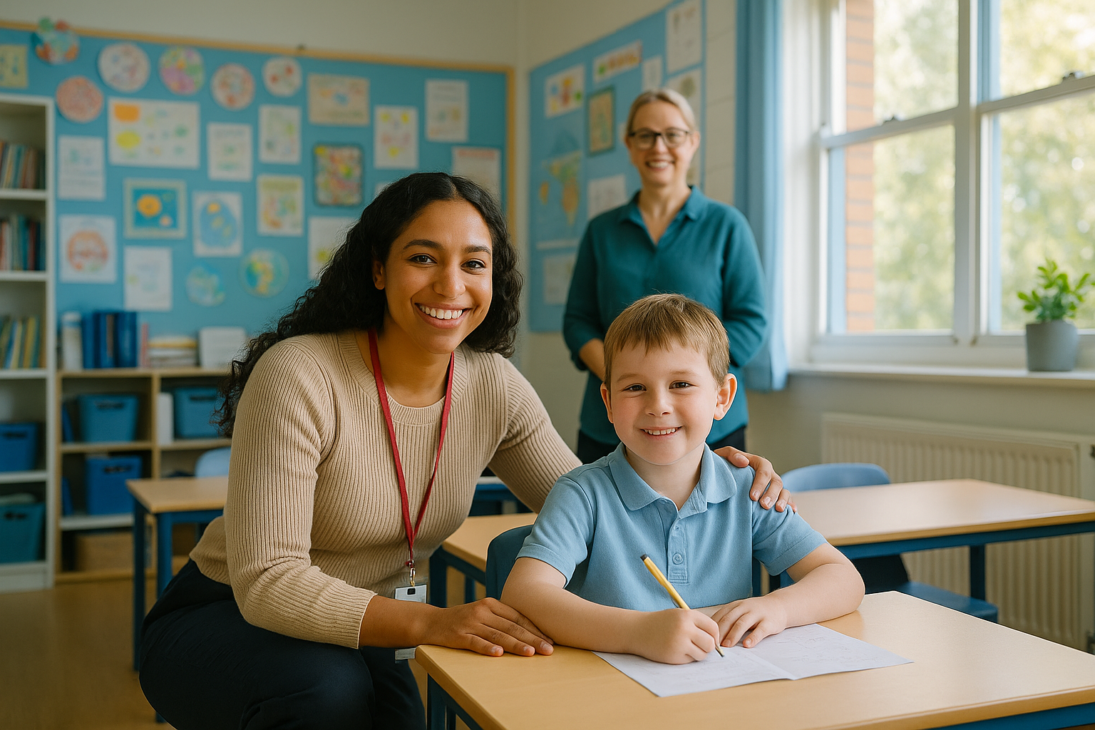 EVSS practitioner kneeling next to a primary school child at a classroom desk, supportive teacher nearby.