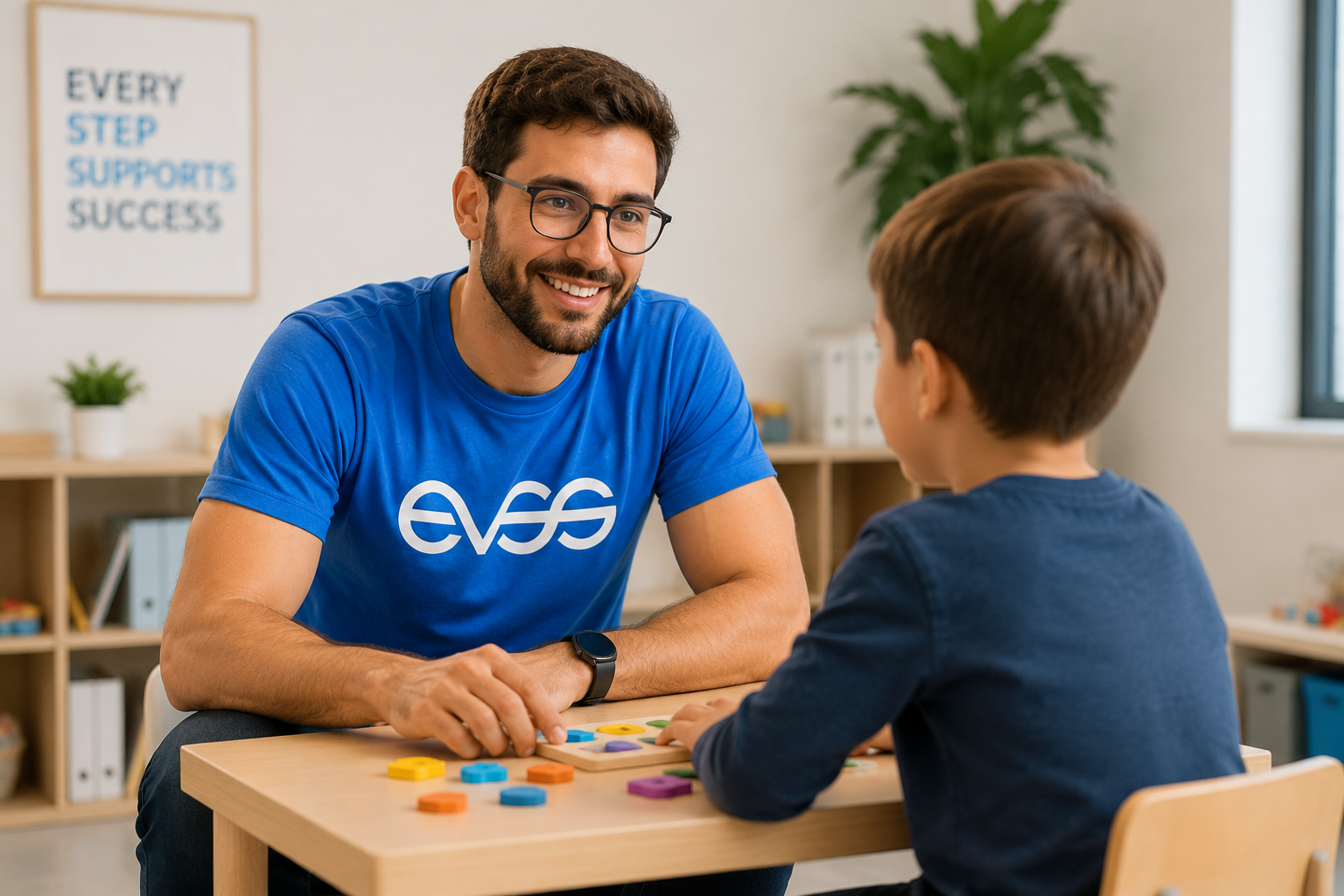 EVSS Behaviour Support Practitioner working one-on-one with a primary-school-aged boy on a shape-matching activity